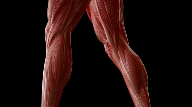 Anatomical rendering of human leg muscle structure on black background