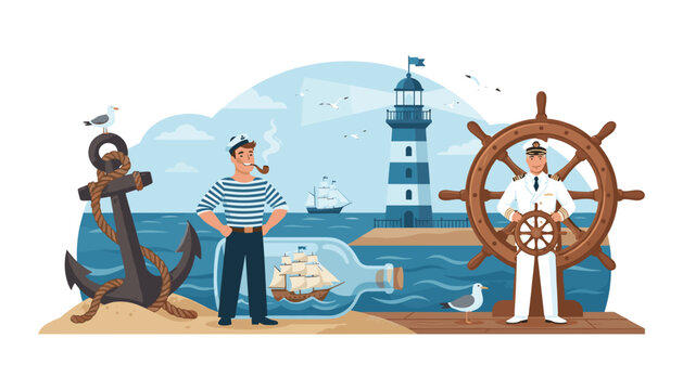 Nautical maritime elements with ship captain anchor sailor lighthouse and boat in bottle on ocean coast background scene