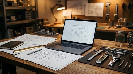 Obraz premium Architect workspace with laptop displaying blueprints on wooden desk