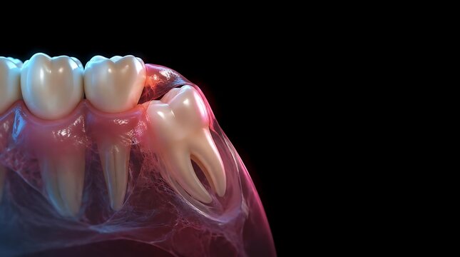 Medical illustration showing impacted wisdom tooth in the human jaw.