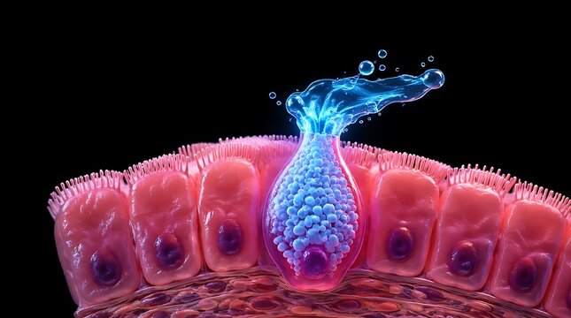 Microscopic view of a goblet cell secreting mucus in the human intestinal lining.