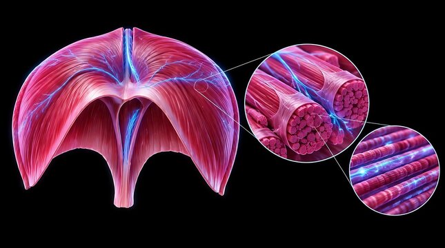 Medical illustration of the human diaphragm muscle showing microscopic fiber structure and nerve innervation.