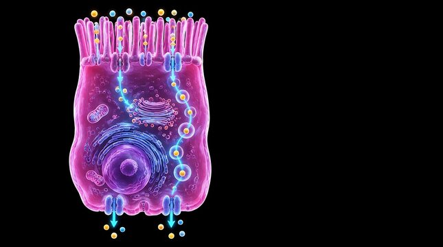 Scientific illustration of a biological cell showing intracellular transport and molecular signaling processes.
