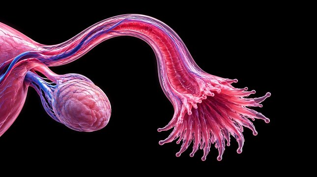Detailed 3D medical illustration of the human female reproductive system anatomy on black background.
