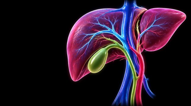 Anatomical illustration of the human liver with gallbladder and connected blood vessels on black background.