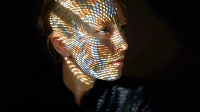 Light Patterns on Face Creating an Artistic and Ethereal Effect in Dark Background Photography