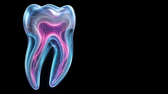 Abstract 3D illustration of a human tooth with glowing internal nerve structures on a black background.