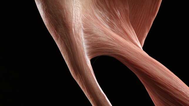 Human muscle tissue fibers stretching on black background