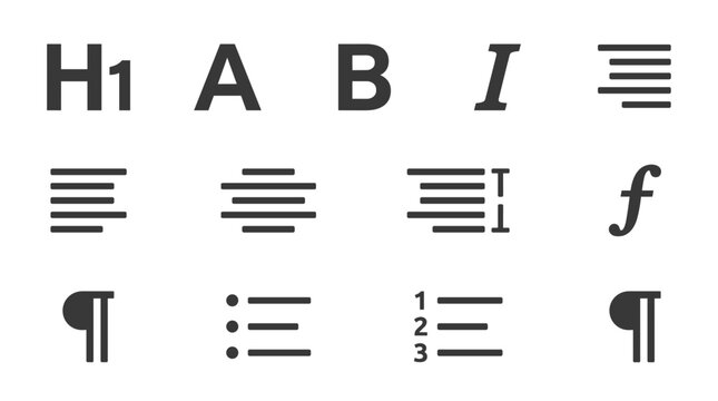 Set of typography and text formatting icons for document editing and design