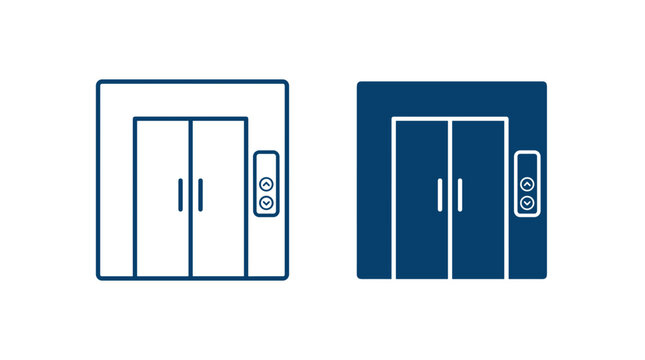 Two elevator icons one outlined and one filled blue showing doors and control panel