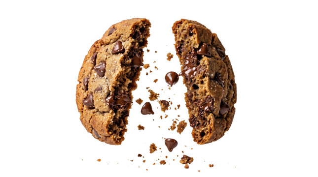 Delicious chocolate chip cookie broken in half with melty chocolate chunks and crumbs floating transparent background