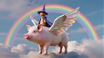 Fototapeta premium Winged pig carries wizard through rainbow sky above fluffy clouds.