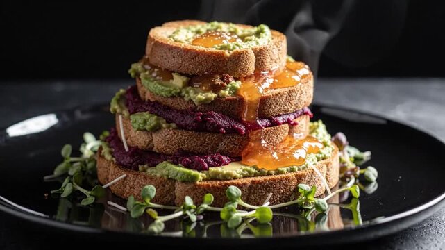 Stacked gourmet toast with avocado beetroot spread and honey