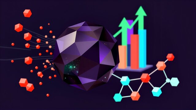 A cosmic crystal with data graphs and molecular structures floating in space.