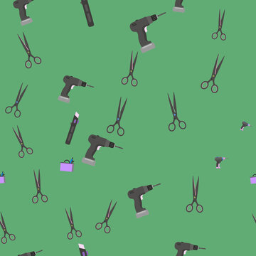 Seamless pattern of scissors, drills, and utility knives