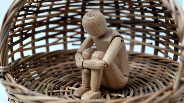 Wooden figure sits dejectedly in a woven basket, symbolizing isolation or sadness.