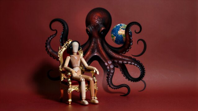 Wooden figure sits regal, octopus with globe crown looms behindsymbolic power and control.