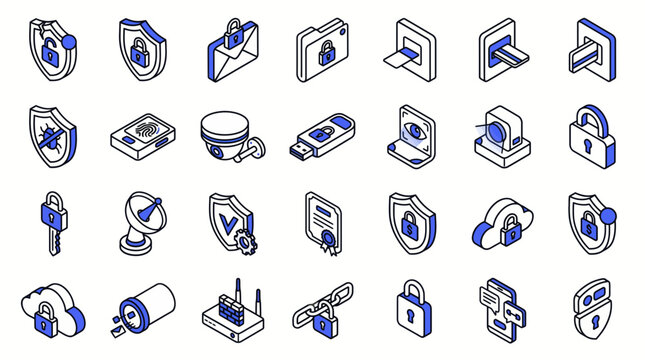 Elegant Collection of Minimalist Blue and White Security and Technology Icons for Digital Safety and Data Protection