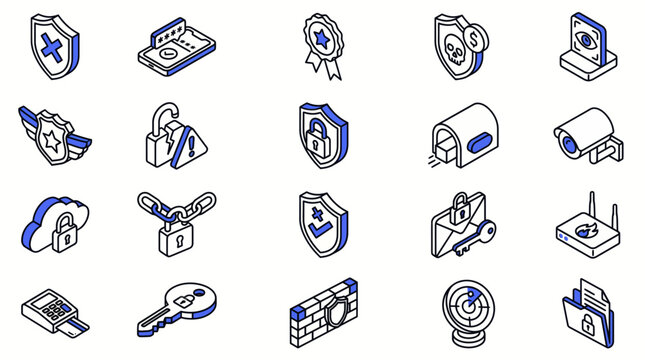 Elegant Isometric Icons Set Featuring Blue and White Security Technology and Protection Symbols for Digital Safety
