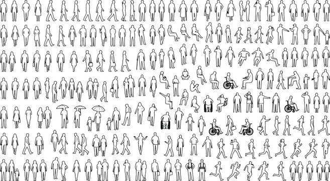 Set of vector people silhouettes for architectural visualization, diverse walking and sitting characters, isolated on white background