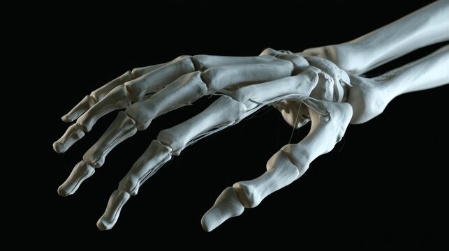 Anatomical model of human hand skeleton reaching forward on black