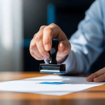 Document approval a hand applying a stamp to official paperwork