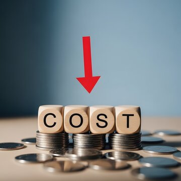 Cost reduction concept red arrow points down towards stacked coins and blocks