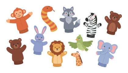 Fototapeta premium Cute cartoon animal hand puppets set with wild zoo and forest creatures vector illustration on white background