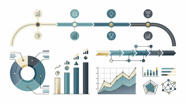 Business performance analysis templates showing progress bars and trend charts for corporate financial reporting and management strategy visualization to improve decision making for company