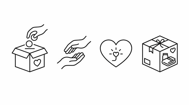 Charity donation set representing community outreach programs and humanitarian efforts to support vulnerable individuals through organized philanthropy and kindness initiatives for global social