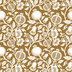 Obraz premium Seamless pomegranate botanical pattern in vintage line art. Floral fruit wallpaper background.