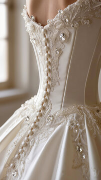 Ornate satin wedding gown back with covered buttons and crystal lace detail, luxury bridal dress and couture fashion concept with vertical copy space
