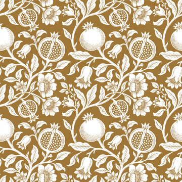 Seamless pomegranate botanical pattern in vintage line art. Floral fruit wallpaper background.