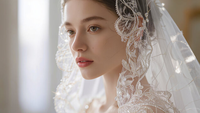 Beautiful bride portrait wearing delicate beaded lace veil in soft light, elegant wedding beauty and bridal fashion concept with copy space for text