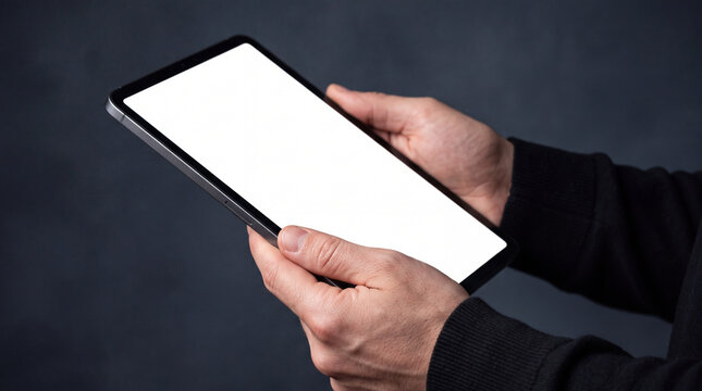 Mockup Man holding a blank white screen tablet device for mockup purposes