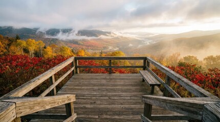 Fototapeta premium Wooden viewing deck overlooking colorful autumn mountain valley.
