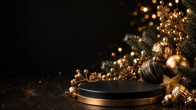 Empty Black and Gold Podium Display Surrounded by Festive Christmas Decorations and Bokeh Lights on a Dark Background
