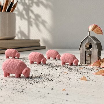 Pink eraser sheep grazing toward a pencil-sharpener barn on a drafting table