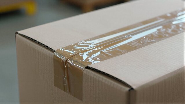 Taped cardboard box, sealed and ready for delivery or shipping.