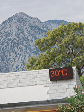Digital thermometer displays temperature near mountain