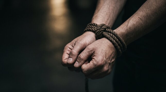 Close up of a man with his hands tied together with a rope.