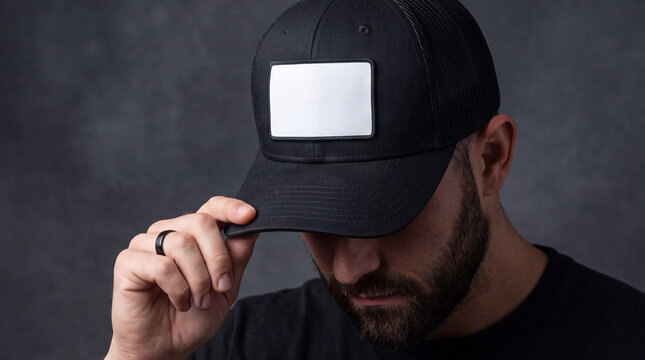 Mockup Man wearing black trucker hat with blank patch for custom design mockup