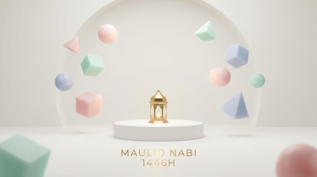 3D Maulid Nabi greeting with lantern and shapes.
