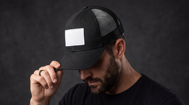 Mockup Man wearing a black trucker hat with blank patch for mockup