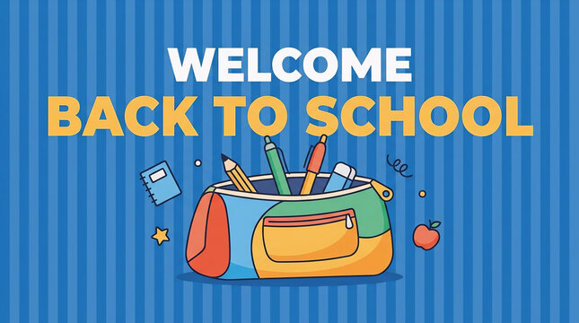Colorful pencil case filled with stationery items set against a classic blue striped background with bold Welcome Back to School text.