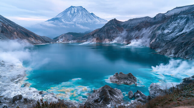 striking turquoise acidic crater lake surrounded by yellow sulfur deposits, white mineral crusts and dark volcanic mountains, steam rising from geothermal vents along the shoreline.