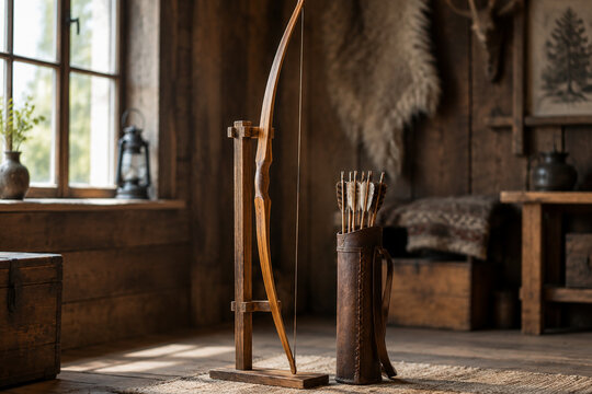 A tall longbow standing upright on a wooden rack with a quiver of arrows beside it.