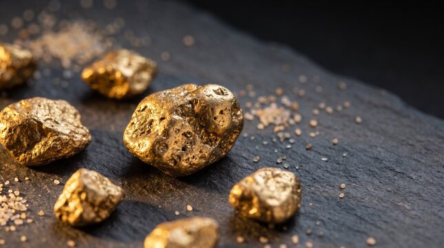 Gold nuggets and dust lie scattered across a dark slate stone surface representing precious metal mining and wealth.