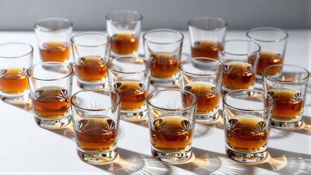 Many etched shot glasses filled with amber liquid, arranged neatly on a white surface.