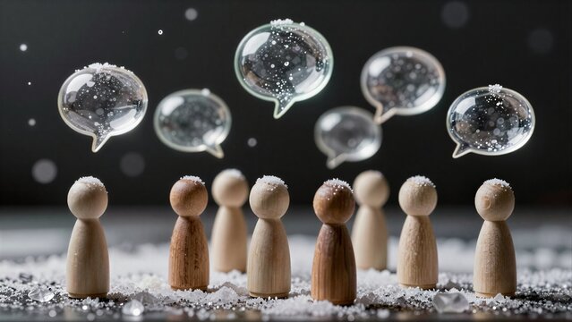 Wooden figures stand in snow, surrounded by clear speech bubbles floating above.